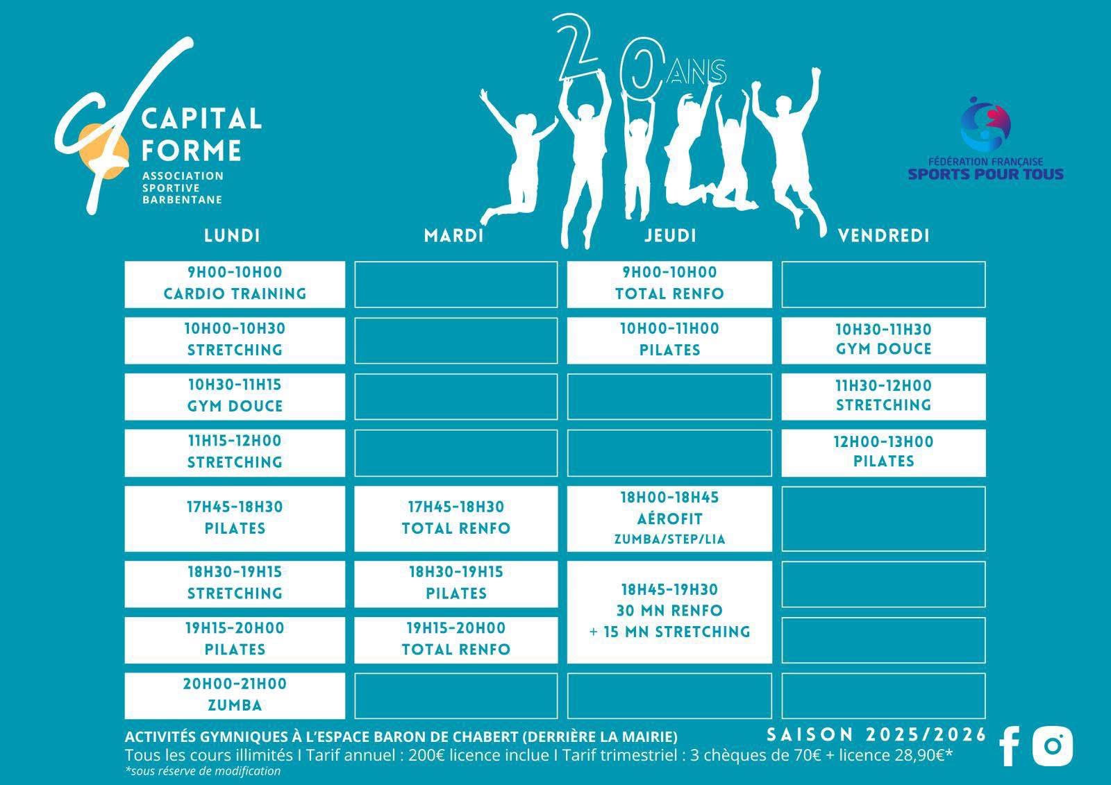 Planning des cours de la saison 2026/2027